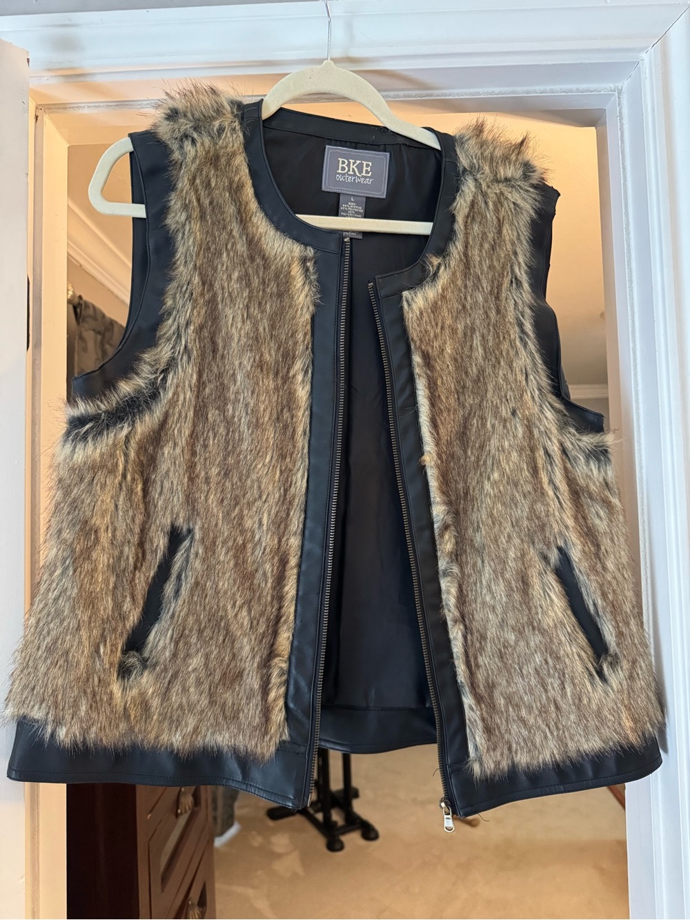 BKE Brown Faux Fur Vest with Black Trim